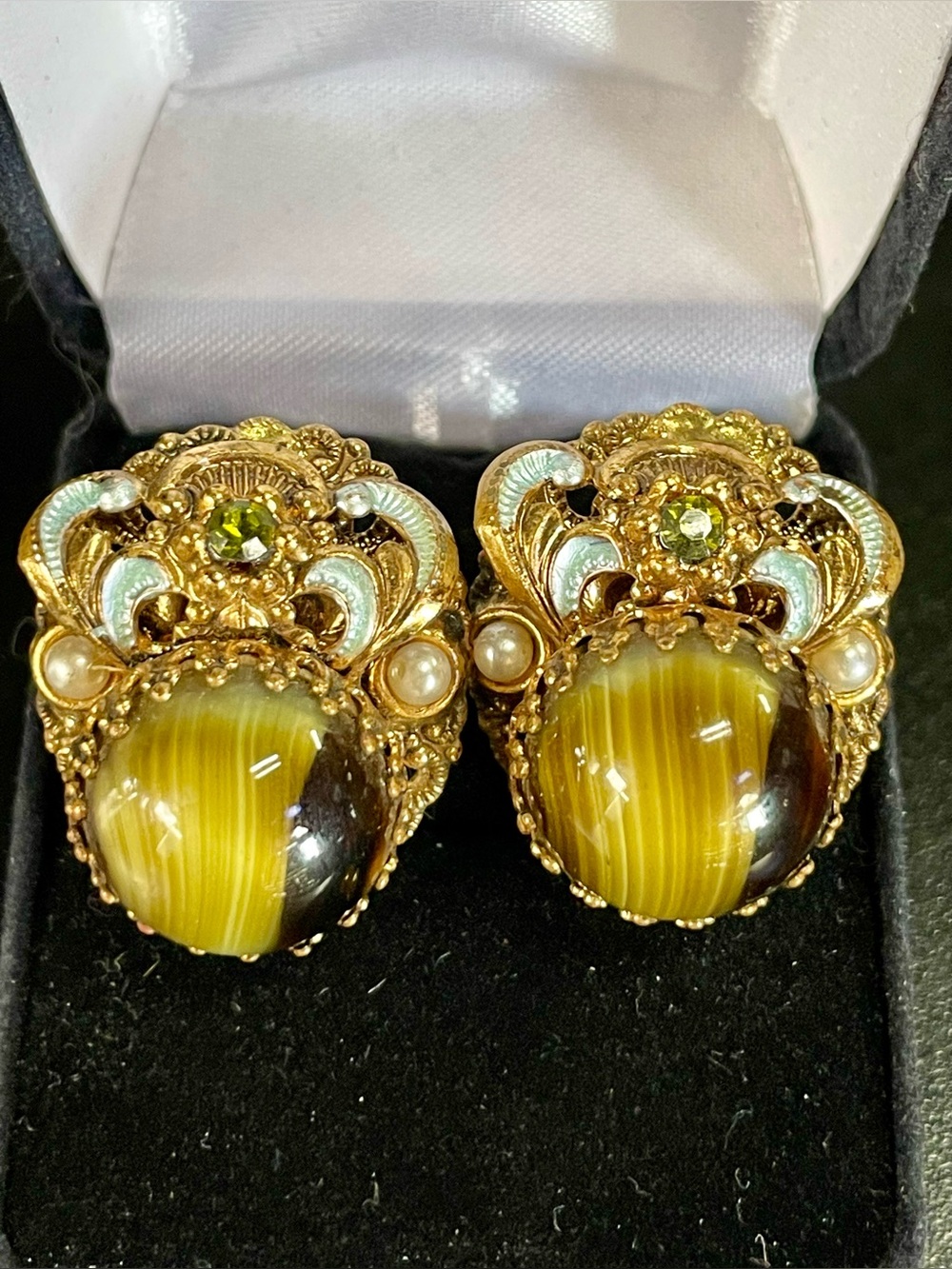 VTG West Germany Brass Filigree Porphyry Glass Clip On Earrings Mid-Century